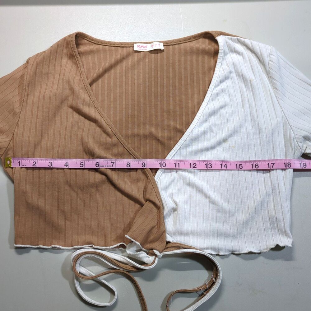 Romwe Women's Crop Top Front Tie Brown and White M - Picture 2 of 5